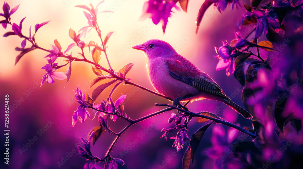 Fototapeta premium Vibrant bird perched on blossoming branch at sunset, on gradient nature background