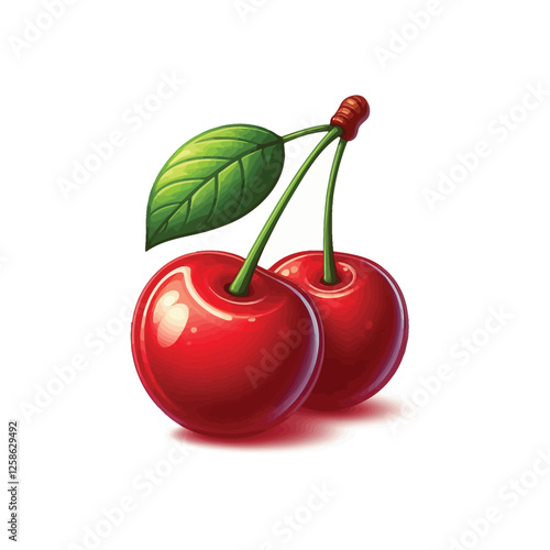 Red cherry with leaves on white background