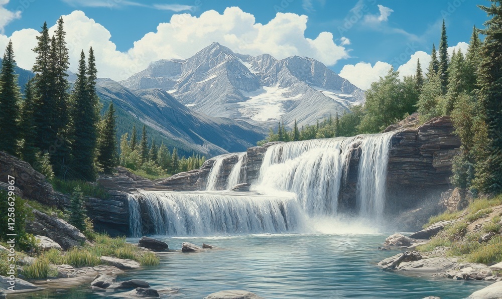 Fototapeta premium Mountain waterfall cascading into a pool, scenic background for travel brochure