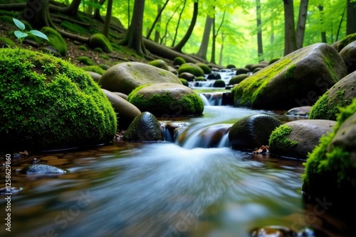 Serene forest brook flowing beside moss covered stones, forest floor, stone