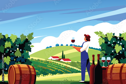 A seasoned winemaker meticulously inspects ripe Cabernet Sauvignon grapevines in a sun-drenched vineyard, assessing their health and readiness for harvest.