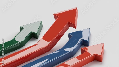 Four glossy arrows in varying colors signify growth and progress, each pointing upward against a clean white background.