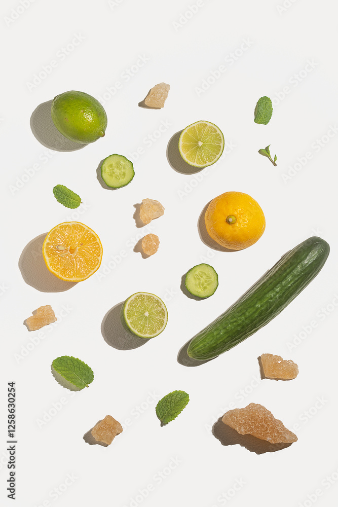 Lemon lime cucumber rock sugar mint on white background with shadow clean sunlit look Lemon lime cucumber rock sugar mint on white background with shadow clean sunlit look