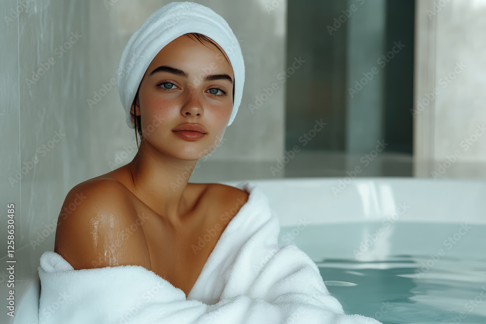 young woman relaxing in spa, wrapped in white towel, with serene expression. tranquil atmosphere enhances her natural beauty and calmness young woman relaxing in spa, wrapped in white towel, with serene expression. tranquil atmosphere enhances her natural beauty and calmness