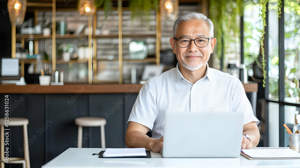 Fototapeta premium Smiling Mature Man Working on Laptop in a Cafe
