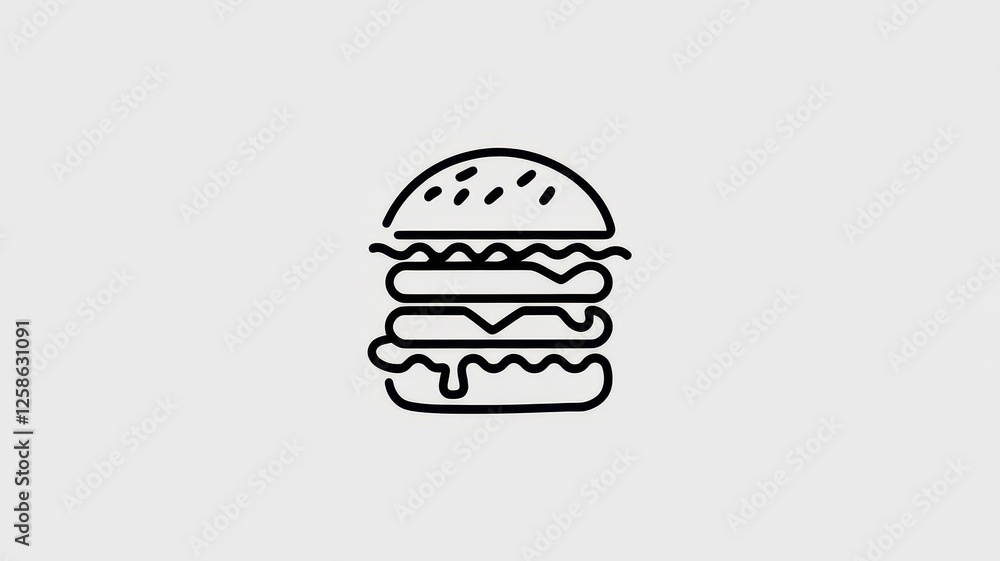 A minimalist line art illustration of a classic hamburger featuring layers of bun, cheese, and lettuce. A minimalist line art illustration of a classic hamburger featuring layers of bun, cheese, and lettuce.