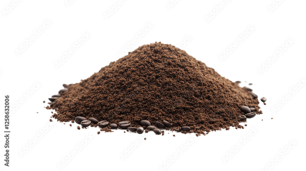 Pile of Ground Coffee with Scattered Coffee Beans on Transparent Background