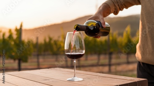 A person pours red wine into a glass against a beautiful vineyard backdrop at sunset, capturing a moment of relaxation and enjoyment. photo