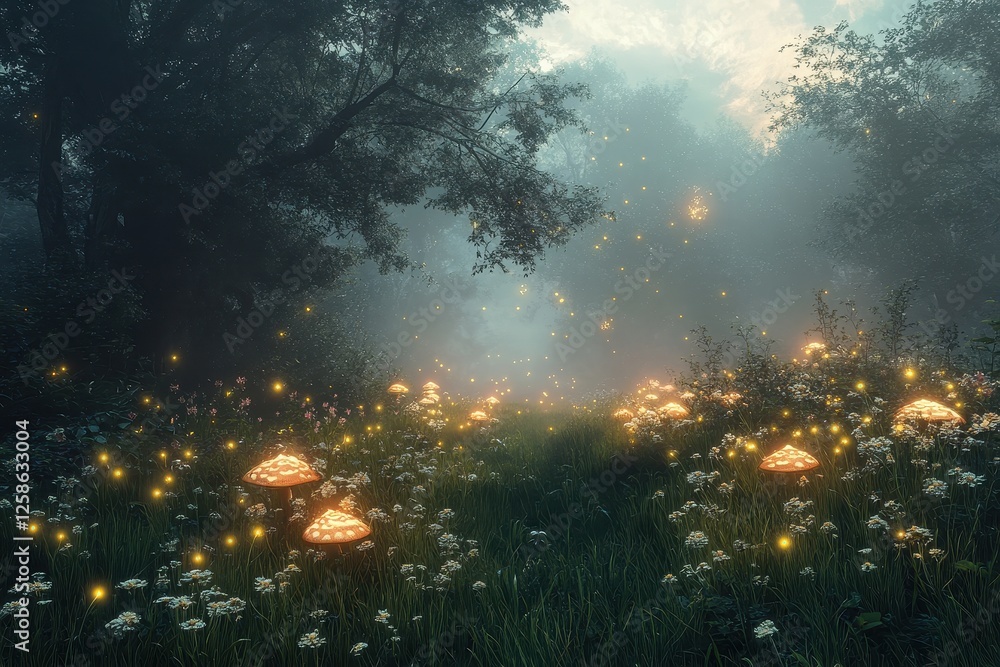 Enchanted forest with luminous mushrooms and fireflies at dusk Enchanted forest with luminous mushrooms and fireflies at dusk