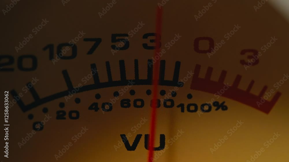 Hi fi amplifier, Audio signal levels monitoring audio console on classic sound panel. Close-up analog signal indicator with arrow Hi fi amplifier, Audio signal levels monitoring audio console on classic sound panel. Close-up analog signal indicator with arrow