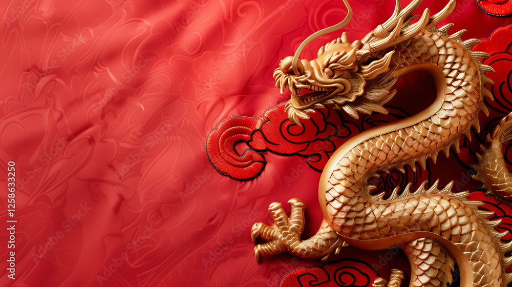 Fototapeta premium Red background golden Chinese dragon new year celebration with copy space for text. Chinese dragon statue on red wall background