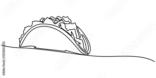 Continuous Line Drawing of Taco Icon. Hand Drawn Symbol Vector Illustration, continuous single drawn one line taco hand-drawn picture silhouette. Mexican food tacos, Continuous single drawn one line. 