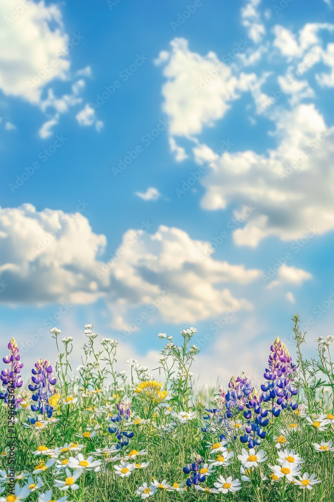 vibrant spring day with colorful wildflowers under bright blue sky. scene captures beauty of nature, showcasing various flowers like daisies and lupines amidst fluffy clouds vibrant spring day with colorful wildflowers under bright blue sky. scene captures beauty of nature, showcasing various flowers like daisies and lupines amidst fluffy clouds