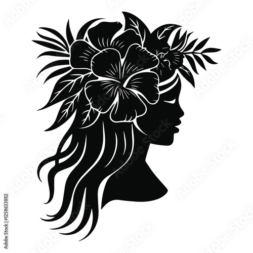 Samoan Floral Headpiece Silhouette. Traditional Polynesian Lei Crown Illustration