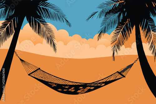 Idyllic tropical island background featuring a relaxing hammock strung between palm trees, turquoise ocean, white sand beach.