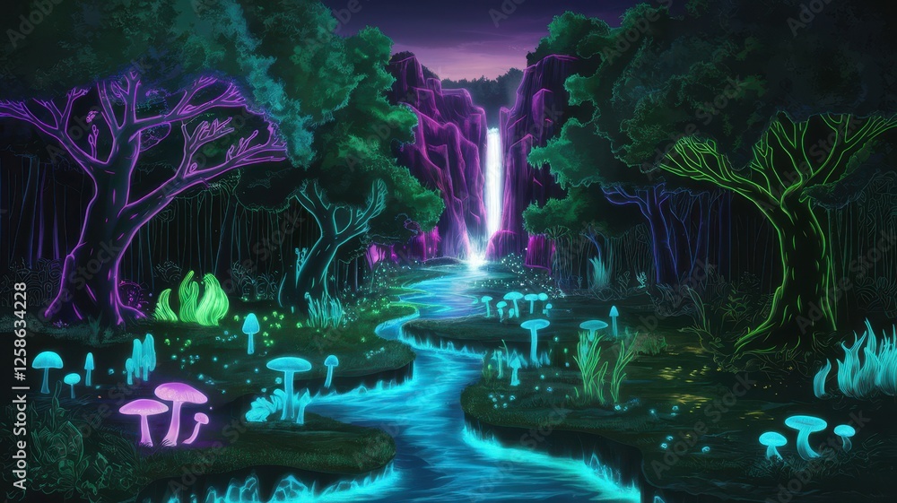 Fototapeta premium A vibrant fantasy landscape featuring a glowing waterfall, luminous mushrooms, and neon trees under a twilight sky.