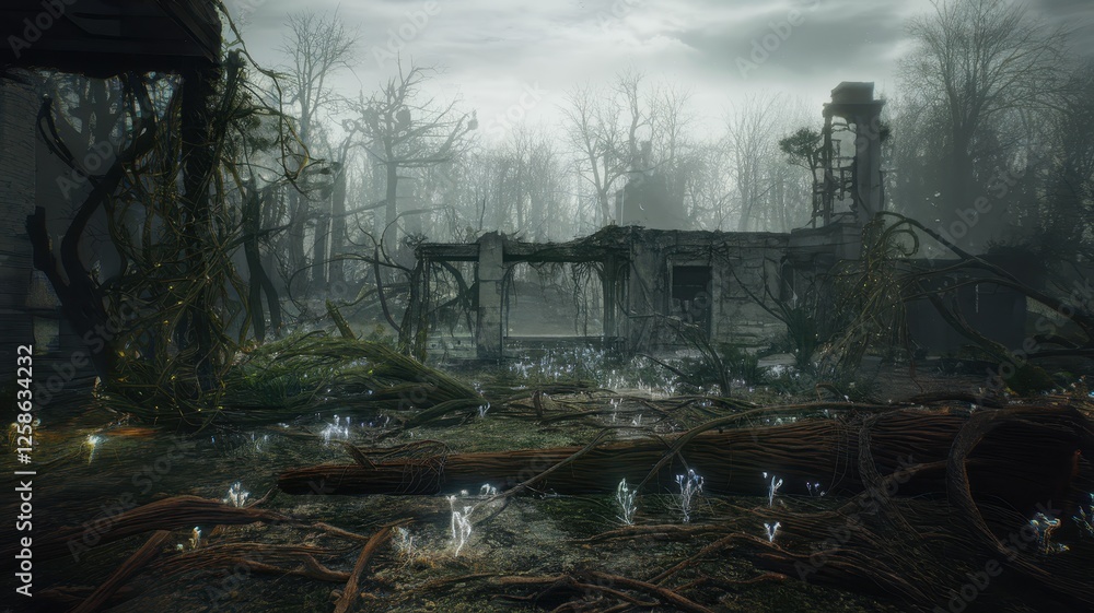 A hauntingly beautiful scene of an abandoned structure overtaken by nature, with ethereal glowing plants illuminating the desolate landscape. A hauntingly beautiful scene of an abandoned structure overtaken by nature, with ethereal glowing plants illuminating the desolate landscape.
