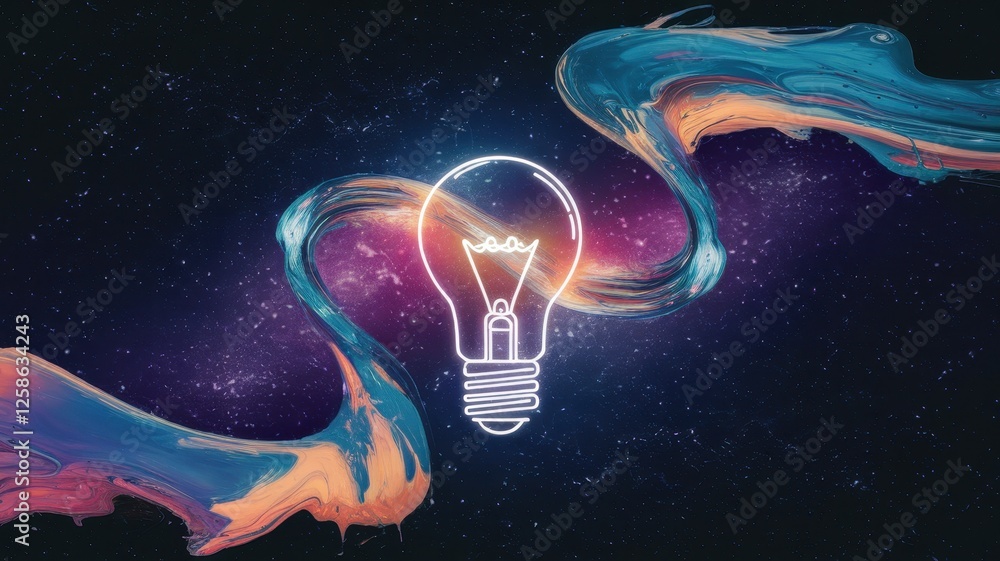 A vibrant and abstract representation of creativity, featuring a glowing light bulb entwined with colorful brush strokes against a cosmic background. A vibrant and abstract representation of creativity, featuring a glowing light bulb entwined with colorful brush strokes against a cosmic background.