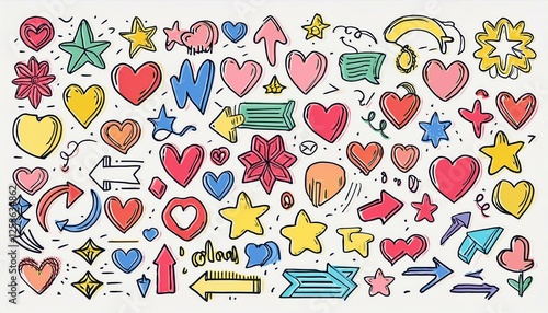 Doodle cute star, heart, arrow pen line color elements. Doodle heart, emphasis, star, sparkle decoration symbol set icon. Simple sketch line style text decoration elements. perfect any project.