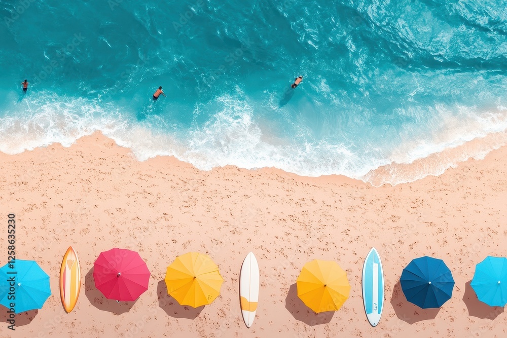 Obraz premium Sunny beach day with colorful umbrellas and surfers enjoying the waves