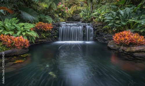 Serene waterfall cascading into koi pond, lush tropical garden backdrop; ideal for relaxation and nature themes