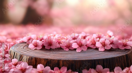 Pink Cherry Blossoms on Wooden Stump, Spring Background photo