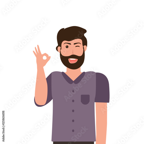 happy young man showing ok, okey, ccepting, Approving, Agreeing Sign. vector, illustration.