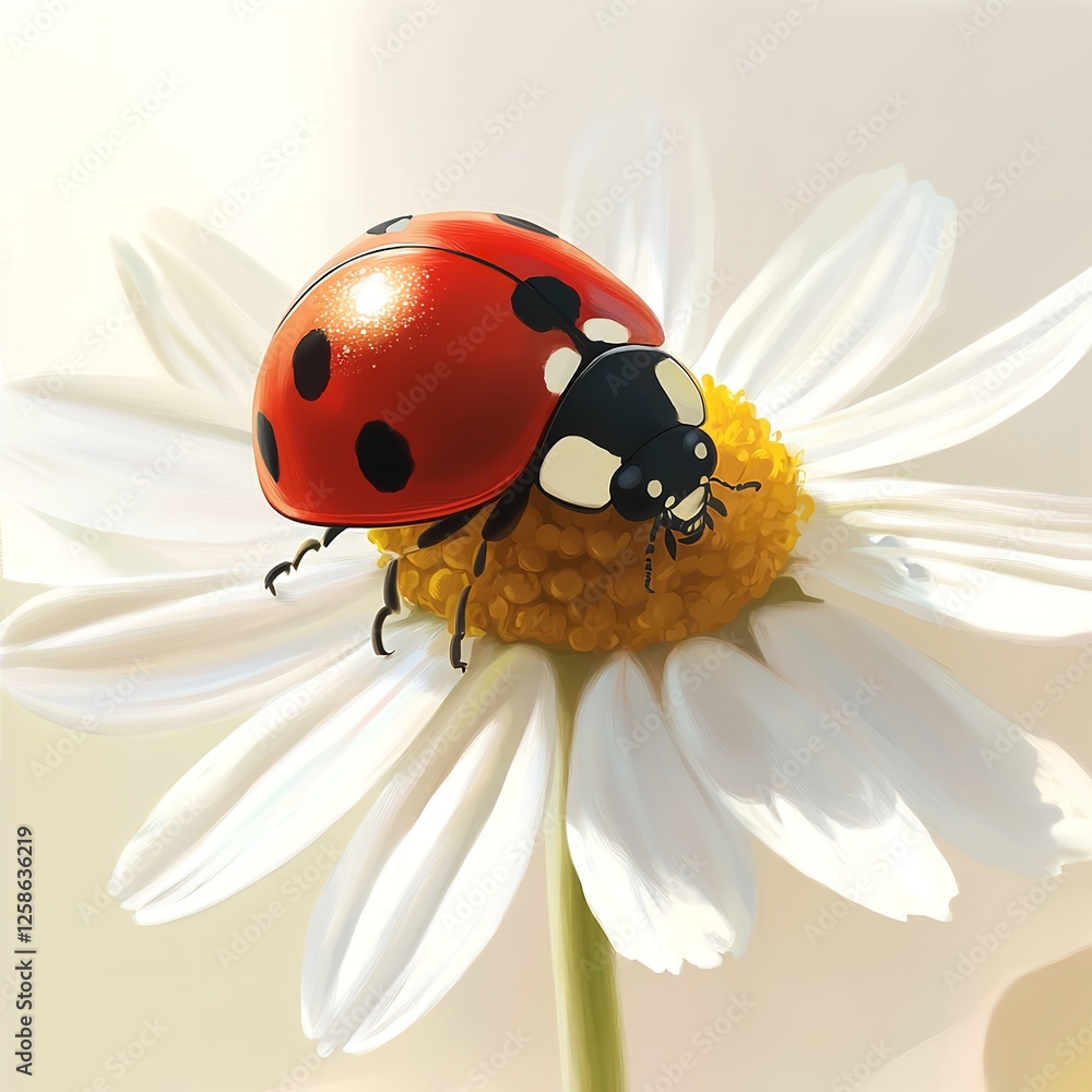 Obraz premium Beautiful Ladybug on White Daisy Flower Digital Painting Illustration Nature Insect Art Detailed Closeup Red Spots Summer Spring Bright Vivid Colors 