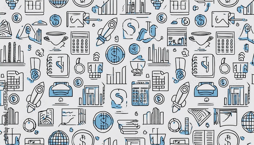 Business job icon doodle seamless pattern background. Business teamwork, office, career concept doodle line sketch style pattern with money, rocket, calculator element. perfect any project. Business job icon doodle seamless pattern background. Business teamwork, office, career concept doodle line sketch style pattern with money, rocket, calculator element. perfect any project.