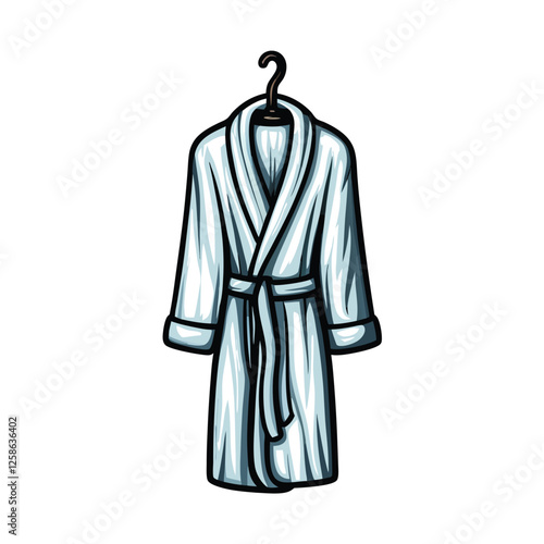 Create a vector illustration of a plush bathrobe neatly hanging on a hook, showcasing realistic folds and texture.  Include subtle shading for depth.