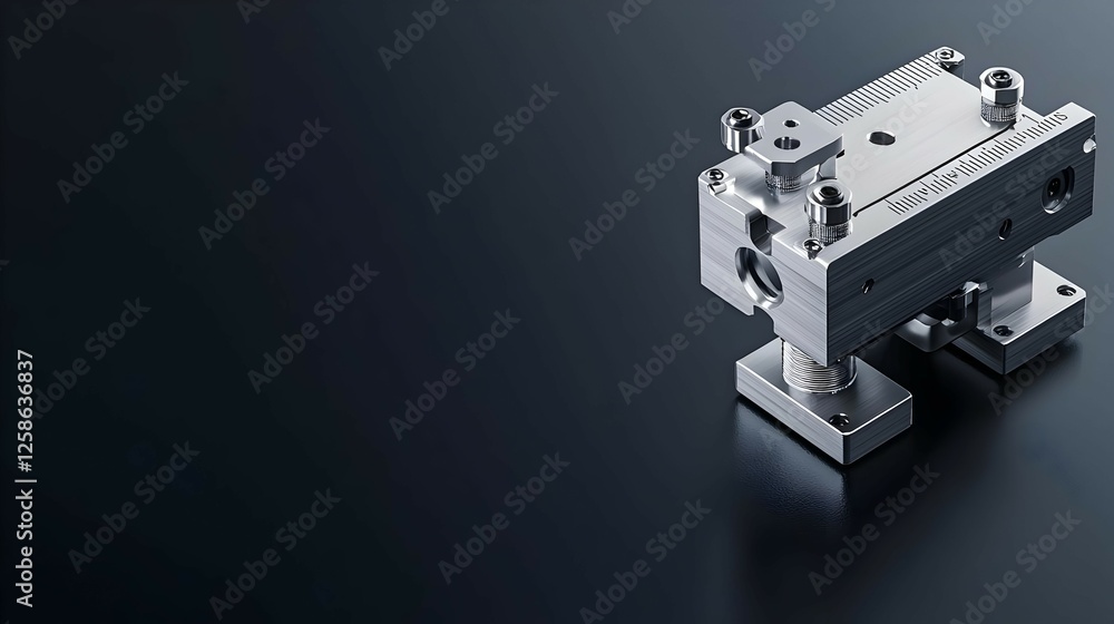 Detailed Grey Metallic Machine Part on Dark Reflective Surface Detailed Grey Metallic Machine Part on Dark Reflective Surface