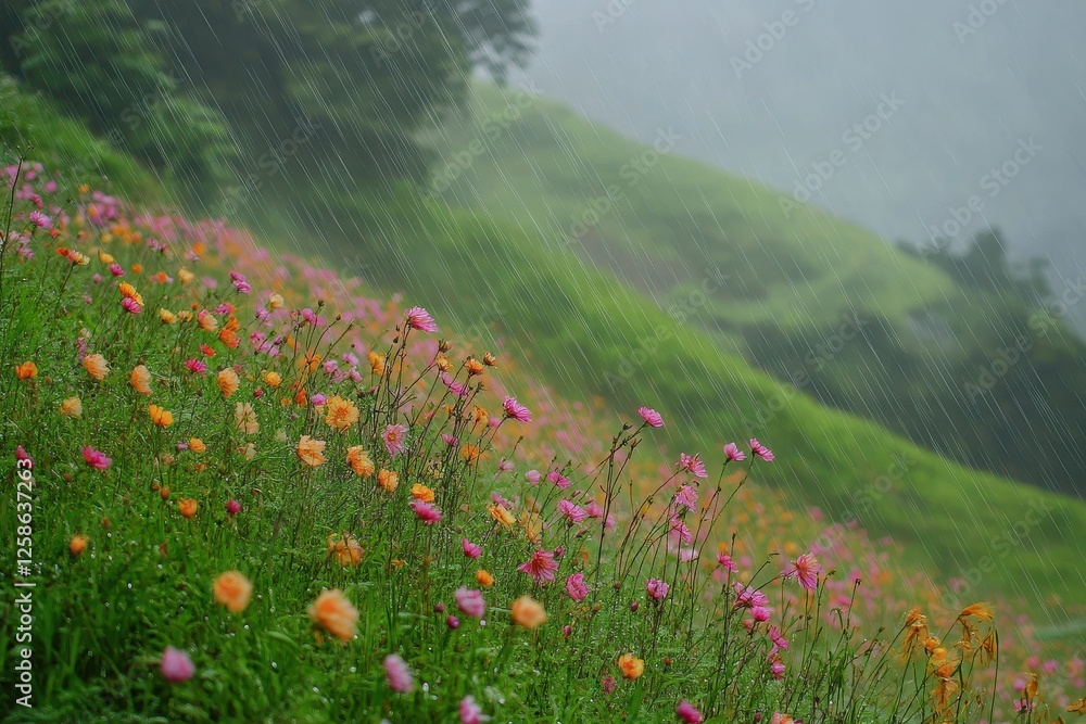 Vibrant wildflowers bloom on a hillside during a gentle rain in a lush green landscape Vibrant wildflowers bloom on a hillside during a gentle rain in a lush green landscape
