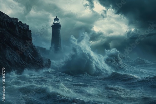 Stormy ocean waves crashing near a lighthouse under dramatic skies at dusk photo