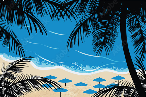 Create a vibrant vector illustration of a tropical beach scene featuring realistic sandy shores, lush palm trees swaying gently in a light breeze, and clear turquoise water.