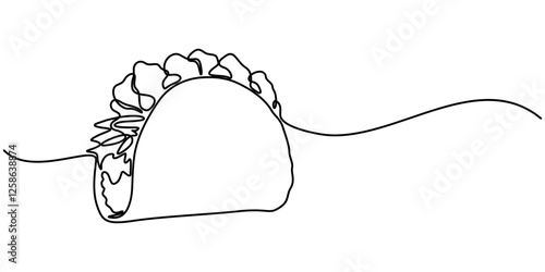 Continuous Line Drawing of Taco Icon. Hand Drawn Symbol Vector Illustration, Continuous single drawn one line taco hand-drawn picture silhouette. One line drawing of Taco junk food. Line art. Mexican.