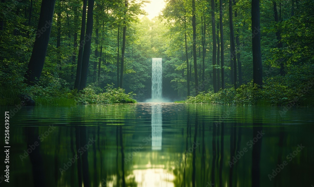 Serene waterfall in forest, sunlight, calm water, nature scene, peaceful background, ideal for relaxation or travel Serene waterfall in forest, sunlight, calm water, nature scene, peaceful background, ideal for relaxation or travel