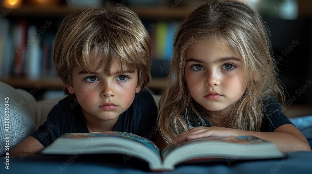 Siblings reading book together at home, bookshelf background Siblings reading book together at home, bookshelf background