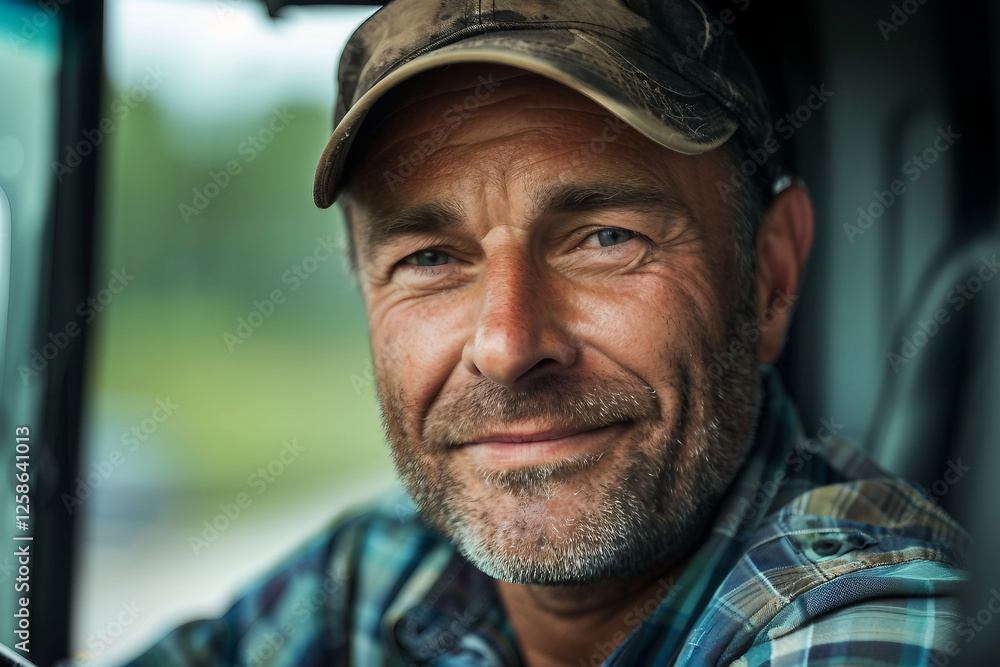 Generative AI portrait of a smiling truck driver inside a vehicle, showcasing a confident and professional demeanor Generative AI portrait of a smiling truck driver inside a vehicle, showcasing a confident and professional demeanor
