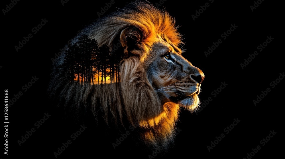Fototapeta premium Majestic Lion Silhouette Sunset Forest Image Wildlife Nature