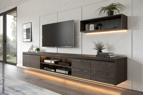 TV console in a dark wood finish with LED strip lighting underneath, featuring open shelving and hidden compartments for storage, mounted on a minimalist white wall.