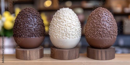 Three beautifully crafted chocolate Easter eggs are elegantly displayed on rustic wooden stands, showcasing intricate designs and vibrant colors. photo