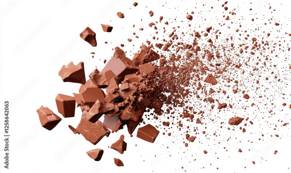 Fototapeta premium Exploding chocolate powder against white background, for food packaging