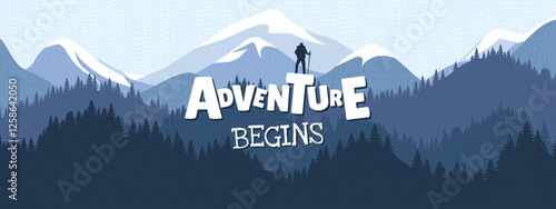 Vibrant artwork of hiker scaling towering peak. Bold typography and modern layout. Showcasing adventure, exploration and thrill of outdoor freedom in dynamic composition. Horizontal flyer