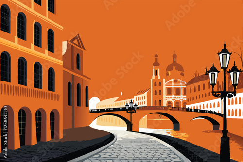 Create a vector illustration of a classic European cityscape featuring old buildings, cobblestone streets, and charming architectural details.  Include a sense of history and depth.