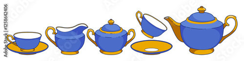 Blue tea set. Beautiful dishes. Tea service, isolated on white. Vector illustration. Blue and gold.