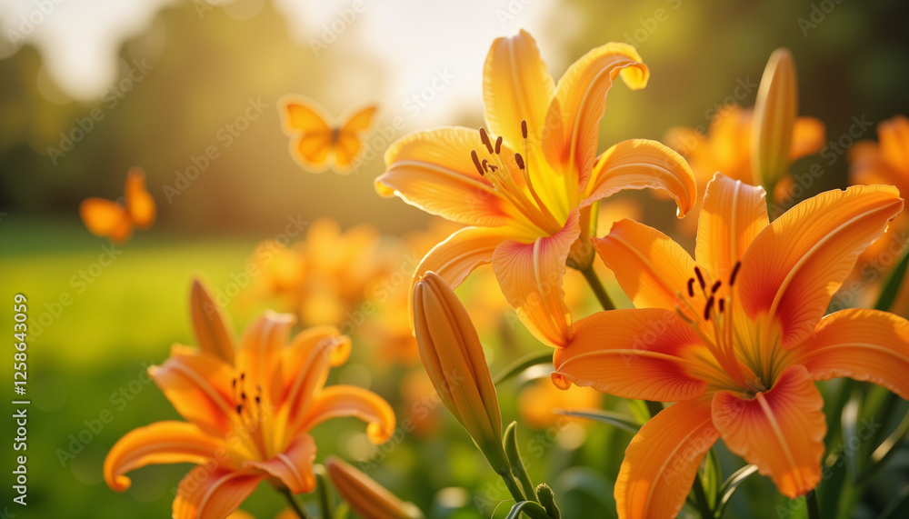 Vibrant orange lilies blooming in sunlight, nature's beauty