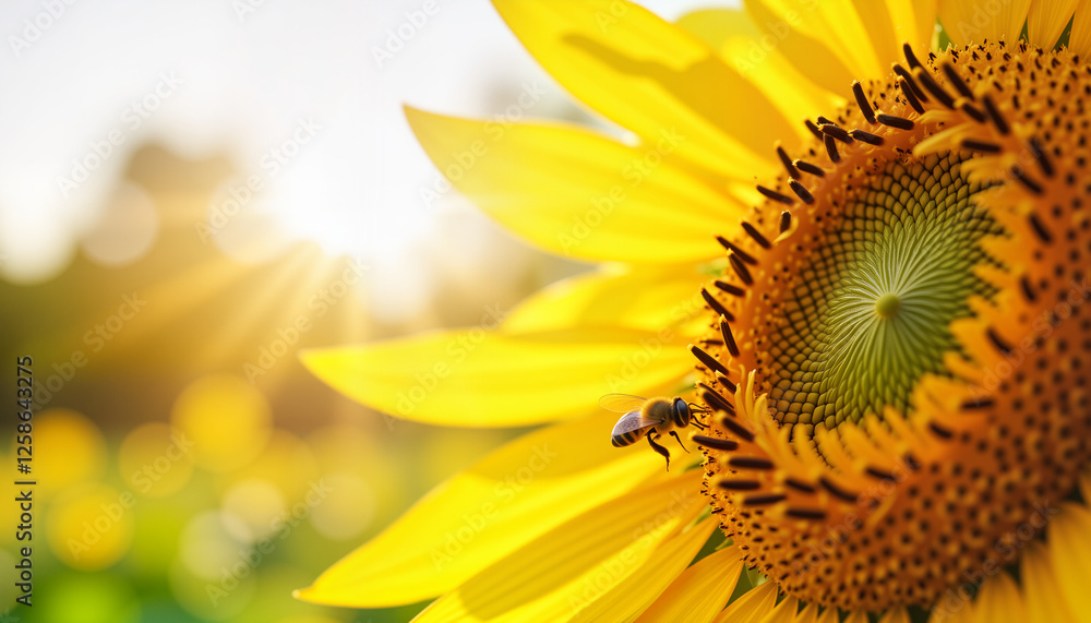 Fototapeta premium Bee gathering nectar from vibrant sunflower in sunny garden, nature's harmony