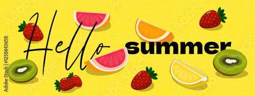 Bright and vibrant hello summer banner featuring fresh fruits. Oranges, kiwi and strawberries in juicy design. Perfect for promoting healthy, seasonal treats or refreshing beverages with modern touch.