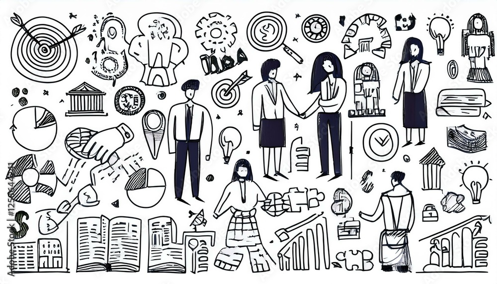 Obraz premium Doodle business team icon set. Doodle teamwork people community, office man group work concept. Target, gear, handshake element. Hand drawn sketch style perfect any project.