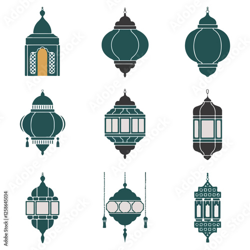 Ramadan Kareem background with hanging lamps and stars Eid Al Adha mubarak poster. Hanging colorful lantern Vintage Lamp Hand Drawing Set